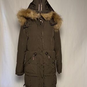 Women's Olive Green/ TaupeFur-Trimmed Hooded Puffer Coat